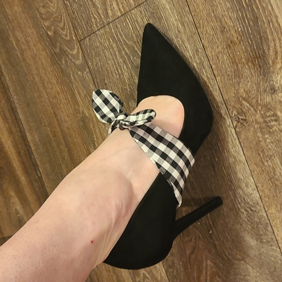 Qupid black pointy toe heels with plaid bow 8.5 - Picture 7 of 8